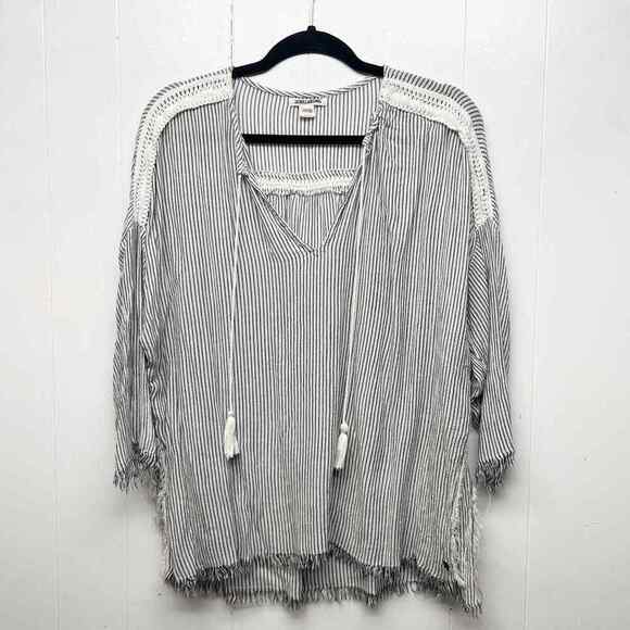 Billabong Striped Bohemian Womens Top Small 3/4 Sleeve Frayed Trim Lightweight - Picture 1 of 13
